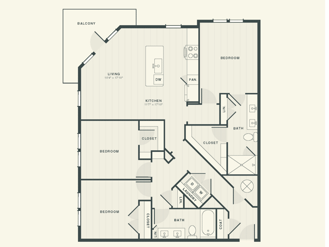 The Watson 3 bedroom and 2 bathroom 2D apartment floorplan at The Ames