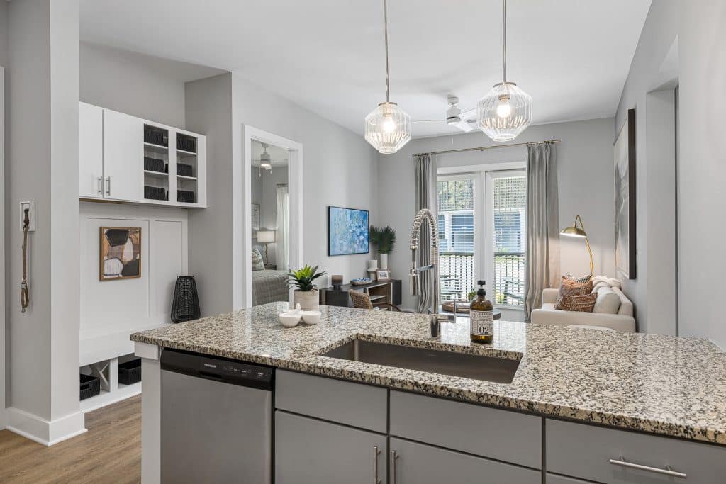 Large kitchen sink and granite countertops at The Ames